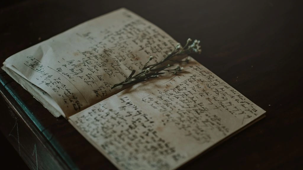 An open notebook with a poem written in pencil, sea in the background.